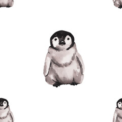 Baby penguin. Seamless watercolor pattern with emperor penguins isolated on white. Realistic design with penguin for children illustration, backgrounds, packaging, decoration, banner
