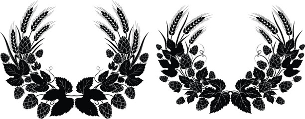 Circular wreaths composed of lush hop vines and bundles of wheat stalks for brewery branding