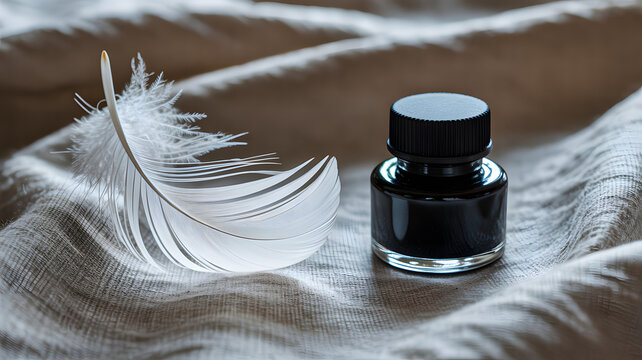 Classic ink bottle and feather on soft fabric surface
 - Powered by Adobe