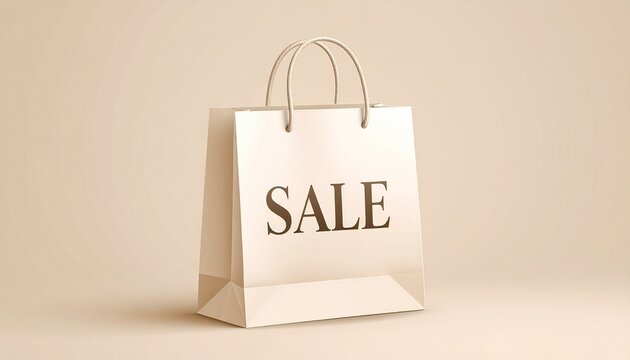 柔らかなベージュ背景に、上品なセリフ体SALE文字が落ち着いた高級感を演出します。
クリーム色のブティック風ショッピングバッグが、洗練された雰囲気をさらに強調します。