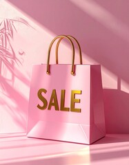 パステルピンクの柔らかな背景に、上品な金色のSALE文字が輝く高級感ある販促イメージです。
プレミアムな質感のマット調ショッピングバッグが、落ち着いた影の中で存在感を放ちます。