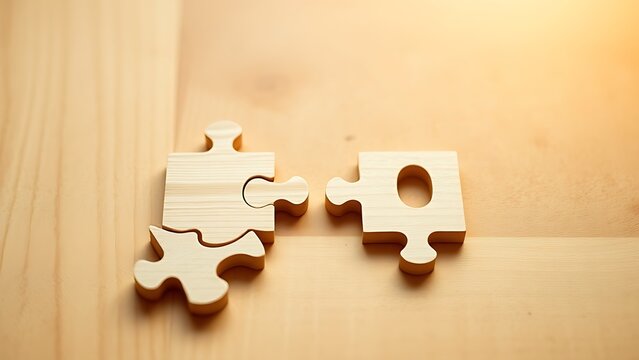 unanimity. Wooden puzzle pieces fitting together perfectly with warm lighting in minimalist style. lifestyle magazines.