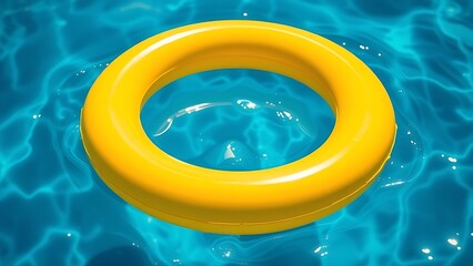 flotation. A yellow inflatable ring floats on the calm blue water under bright summer sunlight. travel magazines, destination branding, designed for travel destination branding.