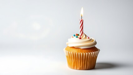 interlude. A single birthday cupcake with a lit candle on a festive table. symbolizing life milestones and joyful moments, menu design, designed for culinary blogs and recipe cards for restaurants.