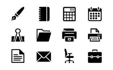 Vector office supplies icons for business management and organization black and white graphic elements design silhouette