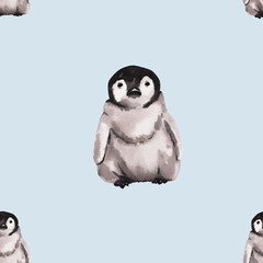 Baby penguin. Seamless watercolor pattern with emperor penguins isolated on light blue. Realistic design with penguin for children illustration, backgrounds, packaging, decoration, banner
