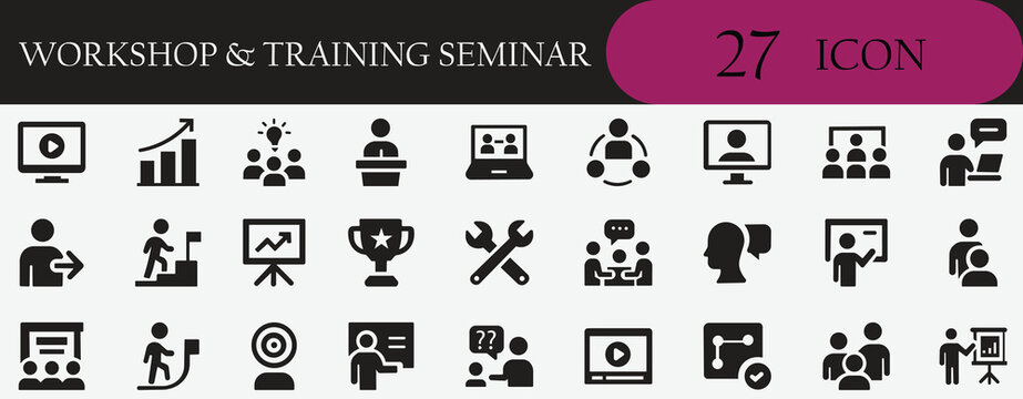 Workshop, training, seminar, teamwork, leadership, coaching icons for business presentation, meeting, learning, webinar, strategy, growth and development