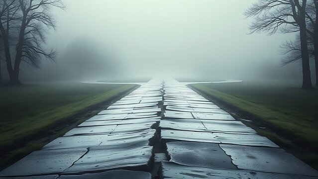 divergence. Misty crossroads splitting into paths, illustrating life's decision-making moments. wellbeing guides, coaching materials, designed for mental health education and mindfulness programs.