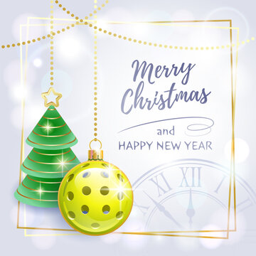 Merry Christmas. Happy New Year. Sports greeting card. Pickleball. Vector illustration.