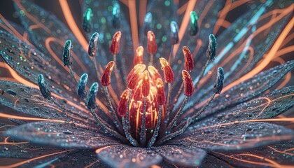 Abstract Bioluminescent Flower Macro Shot with Glowing Orange and Blue Petals and Glittering Stamen