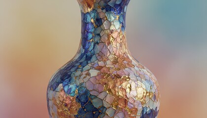 Intricate Mosaic Vase With Iridescent Shards And Golden Grout Detailed Close Up Studio Shot Soft Gradient Background