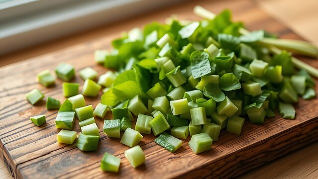 lovage. Freshly chopped lovage leaves on a rustic wooden cutting board, bright green color and texture. menu design, packaging mockups, designed for culinary blogs and recipe cards for restaurants.