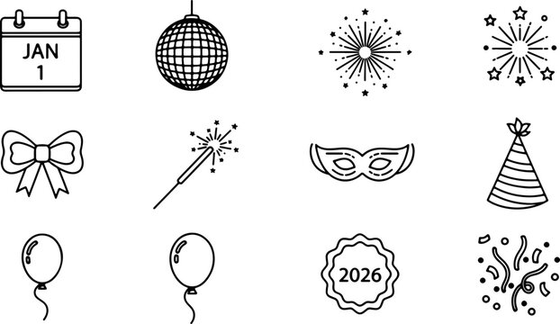 Celebrate the New Year with Festive Icons: Spark joy with a modern design perfect for invitations, social media, and holiday promotions!