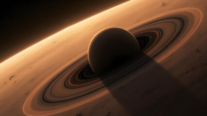 Shadow of a Satellite on Saturn's Rings. Stunning Image of Saturn's Rings. Astronomy Discoveries in Space. Effects of Moons on Planetary Rings.