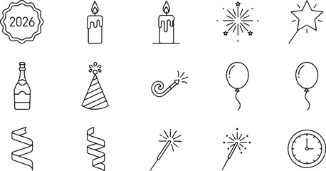 Celebrate 2026 New Year's Eve with festive icons! Sparklers, balloons, champagne and party favors for a joyous holiday celebration, scalable vector graphics