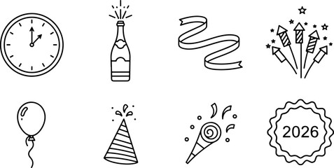 Festive New Year's Eve celebration icons radiate excitement, perfect for holiday promotions and party invitations that sparkle with joy and anticipation