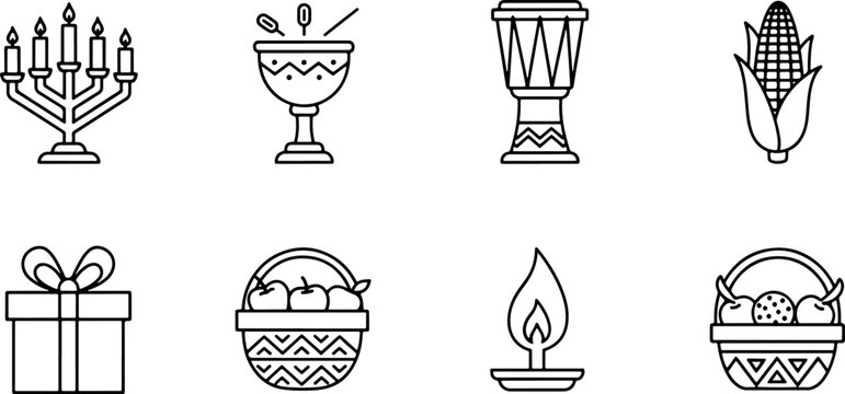 Celebrate Kwanzaa with festive icons menora, gifts, corn, candles, and harvest baskets for cultural events, community gatherings, and holiday season festivities