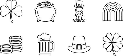 Celebrate St Patrick's Day with charming outlines of clovers, leprechaun, gold, beer, and rainbow, perfect for festive designs and holiday cheer!