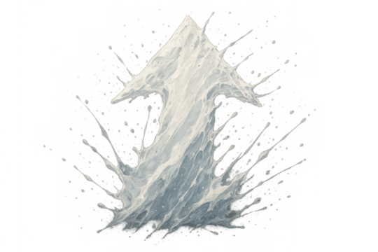 Water splash shaping an up arrow symbol indicating growth, progress, and rising direction on transparent background