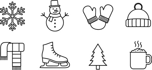 Charming winter icons for festive designs featuring a snowman, snowflake, warm cocoa, and more to spread holiday cheer and cozy vibes, scalable vector graphic