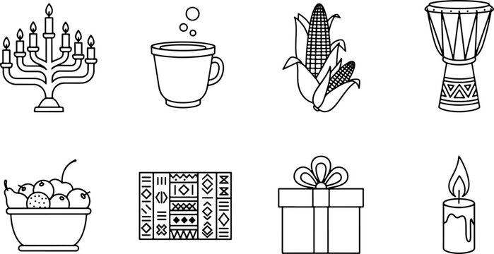 Celebrate Kwanzaa with this collection of vector icons representing its seven principles, promoting unity and heritage this holiday season