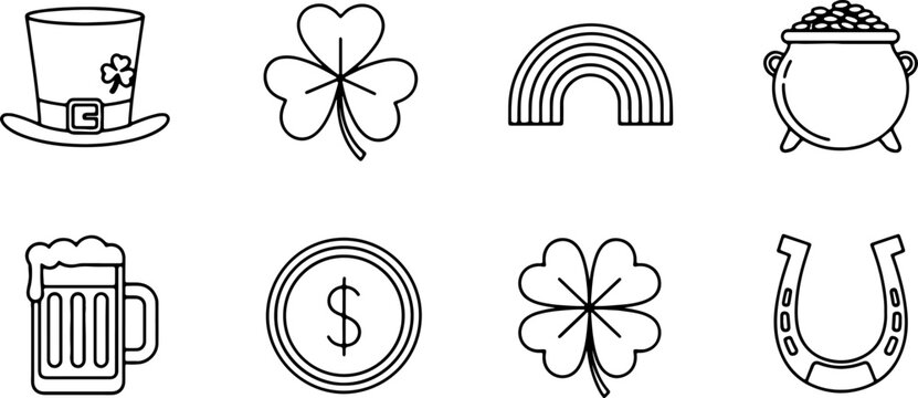 St. Patrick's Day icons for celebration, a festive outline of clover, rainbow, beer, pot of gold, coin, hat and horseshoe for luck and Irish cheer