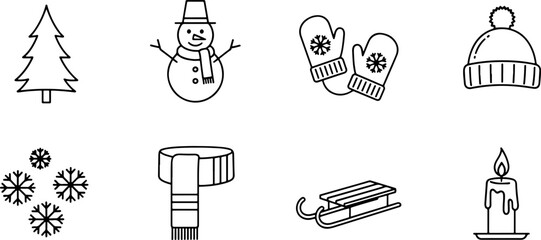Festive winter icons collection with Christmas tree, snowman, mittens, and candle, perfect for holiday designs, cards, and seasonal promotions, originally vector art