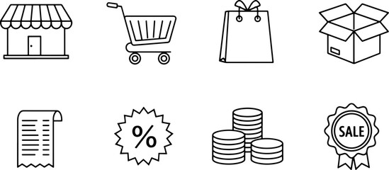 Essential shopping icons representing retail business, sales, and online commerce for a modern brand's marketing materials, originally designed as scalable vector art