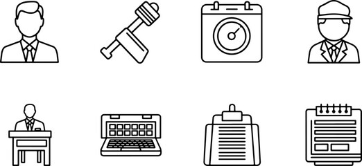 Modern business icons showing a manager, laptop, calendar, and documents for planning, productivity, or team efficiency in a corporate environment
