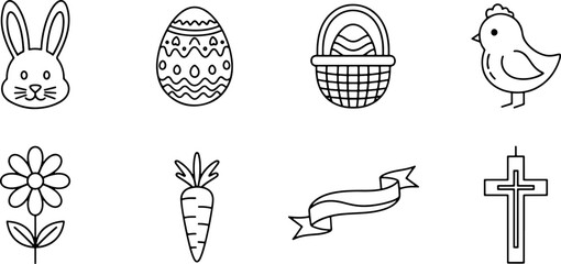 Delightful Easter icons featuring a bunny, decorated egg, basket, chick, flower, carrot, banner, and cross; perfect for spring holiday designs