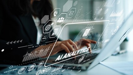 Professional woman using laptop with AI analytics overlay in modern workspace for data analysis and business growth strategies. Asymptotic smart data analytic.