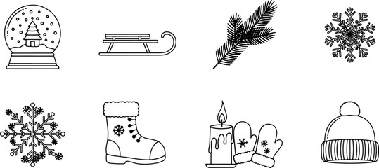 Cozy winter holiday icons, snow globe, mittens, hat, candle, and festive snowflake icons create a magical seasonal feeling, perfect for greeting cards