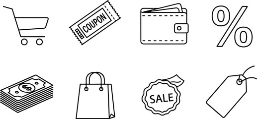 Shop the Sales with Cart, Coupons, Wallet, Money, Bag, and Tags in this Modern Black and White Design Originally from Scalable Vector Graphics
