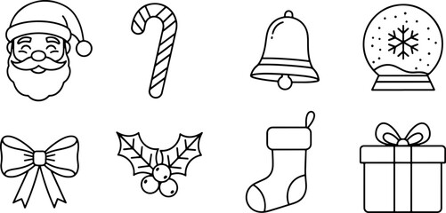 Festive Christmas icons for your holiday designs, Santa, candy cane, bell, snow globe, bow, holly, stocking, and gift box, perfect for seasonal cheer