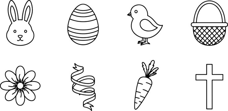 Cheerful Easter icons for spring celebrations Rabbit chick carrot flower and cross create whimsical designs for cards invitations and decorations