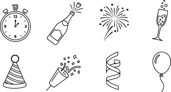 Festive New Year's Eve celebration icons create excitement for holiday greetings, event invitations, & countdown parties with champagne, fireworks, clock - Powered by Adobe
