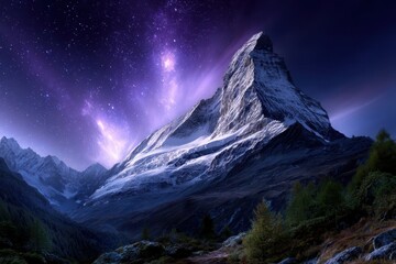 Majestic mountain landscape under a starry sky at night in the Swiss Alps
