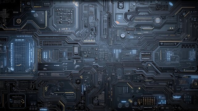 High-tech digital background featuring a detailed circuit board with blue conductive lines, microchips, and intricate electronic components in a futuristic technology setting