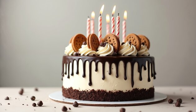 Delicious birthday cake with chocolate glaze candles and cookies. Sweet treat with cream frosting and chocolate chips. Festive dessert for celebration party. Birthday party cake on light background. - Powered by Adobe