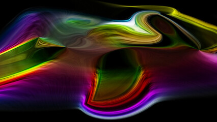 Iridescent Abstract Liquid Flow Background, Complex Colorful Swirling Digital Light Trails, Dynamic Neon Psychedelic Energy Wave Illustration Art