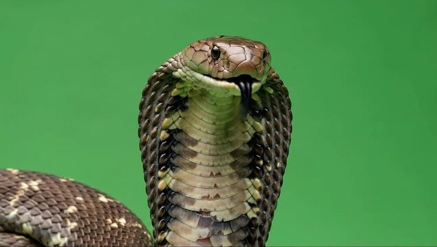 Cinematic closeup of cobra snake elevating its hood with remarkable detail and clarity on bright green screen background.