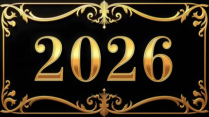 The year 2026 is displayed in a luxurious golden font against a black background, framed by an ornate golden border.