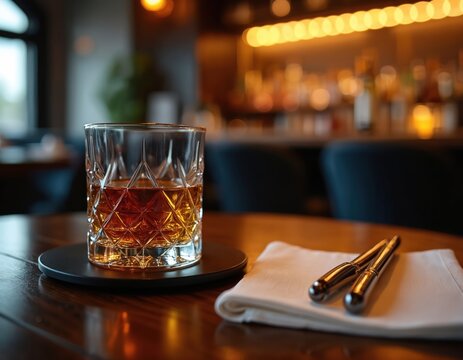 Elegant whiskey glass on wooden table in upscale bar lounge. Golden amber drink. Pens, white napkin next to crystal glass. Luxurious evening setting for relaxation business meeting. Warm lights blur.