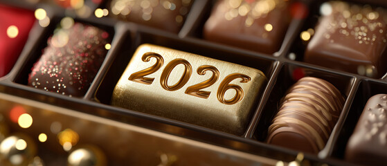 2026 new year banner with box of chocolates; life is a box of chocolate, you never now what you will get elegant concept 