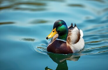 Male mallard duck swims in calm blue water. Green head, yellow beak, brown body, white feathers on side. Reflection on water surface. Peaceful lake or pond scene