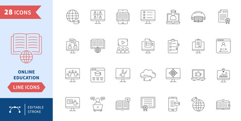 Online education line icon set editable stroke. E learning digital study course knowledge teaching classroom