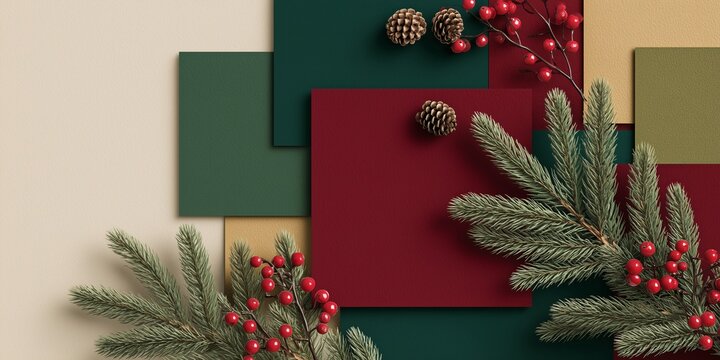 A striking geometric flat lay composition featuring sections of solid Christmas colors (e.g., deep forest green, rich crimson red, warm gold) arranged in a dynamic, clean pattern.