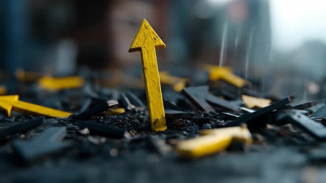 Yellow arrow standing amidst broken arrow pieces directional symbolism