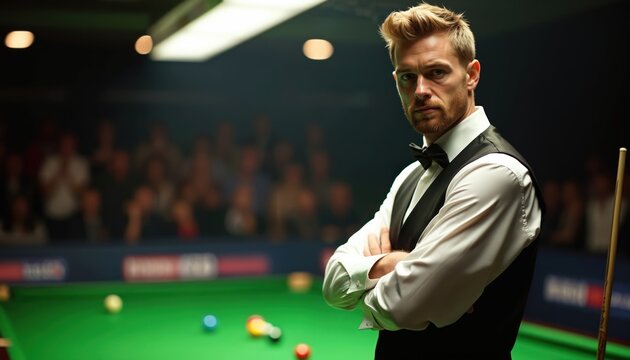 Snooker player poses near billiard table. Confident man in formal wear waits for tournament game with audience in background. Player looks at camera. Cue is on snooker table.