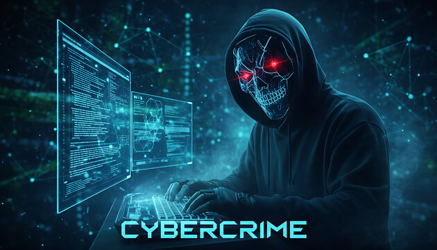 Anonymous scary hacker with red glowing eyes and his skull with dark hoodies hacking the internet. Cybercrime threat. 